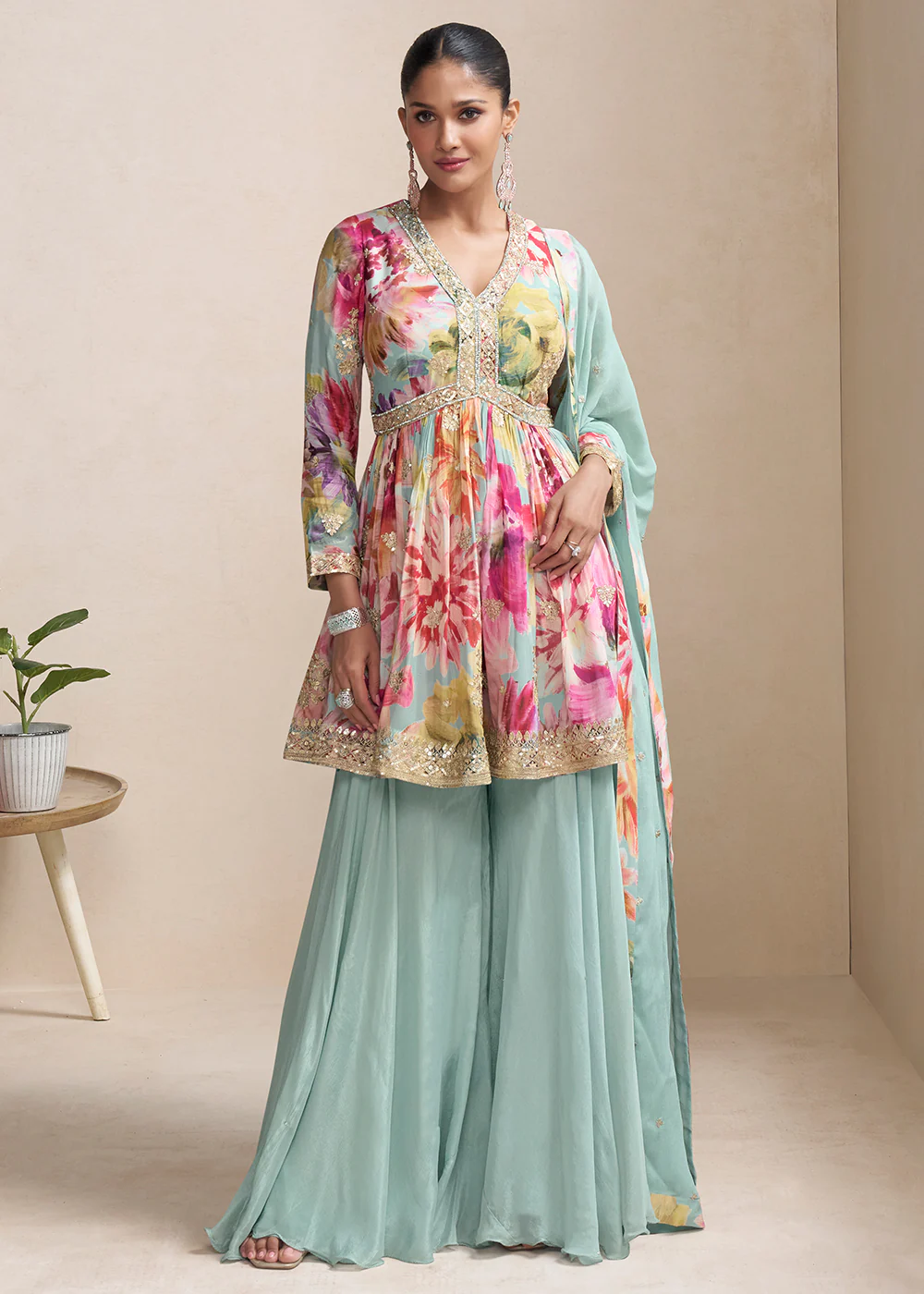 Blue Floral Printed & Embroidered Festive Palazzo Dress