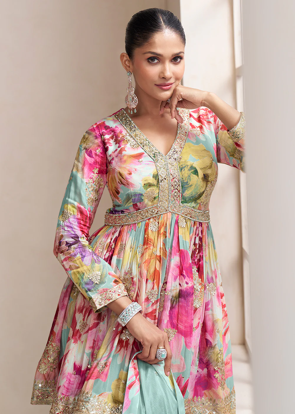 Blue Floral Printed & Embroidered Festive Palazzo Dress - Image 2