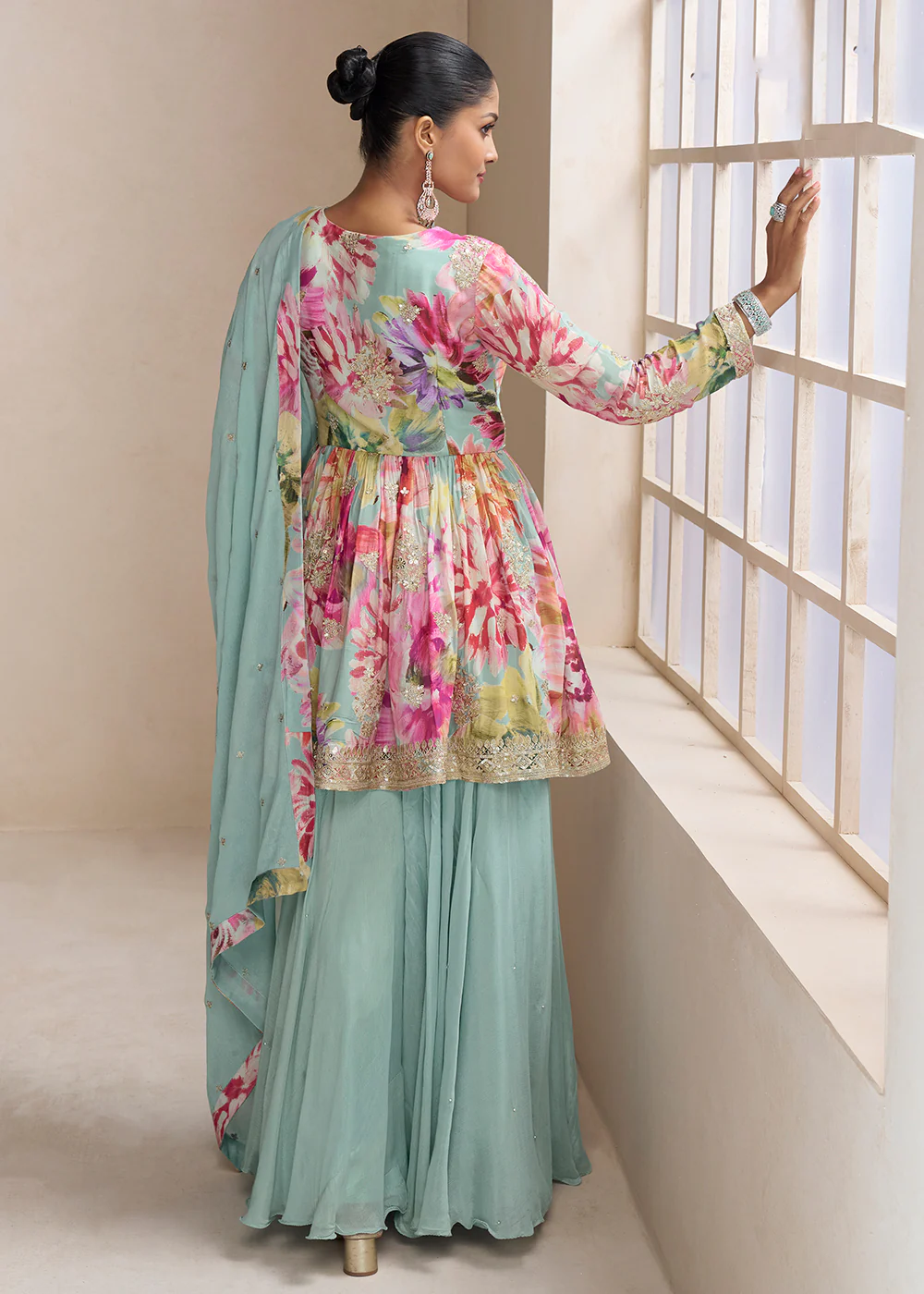 Blue Floral Printed & Embroidered Festive Palazzo Dress - Image 3