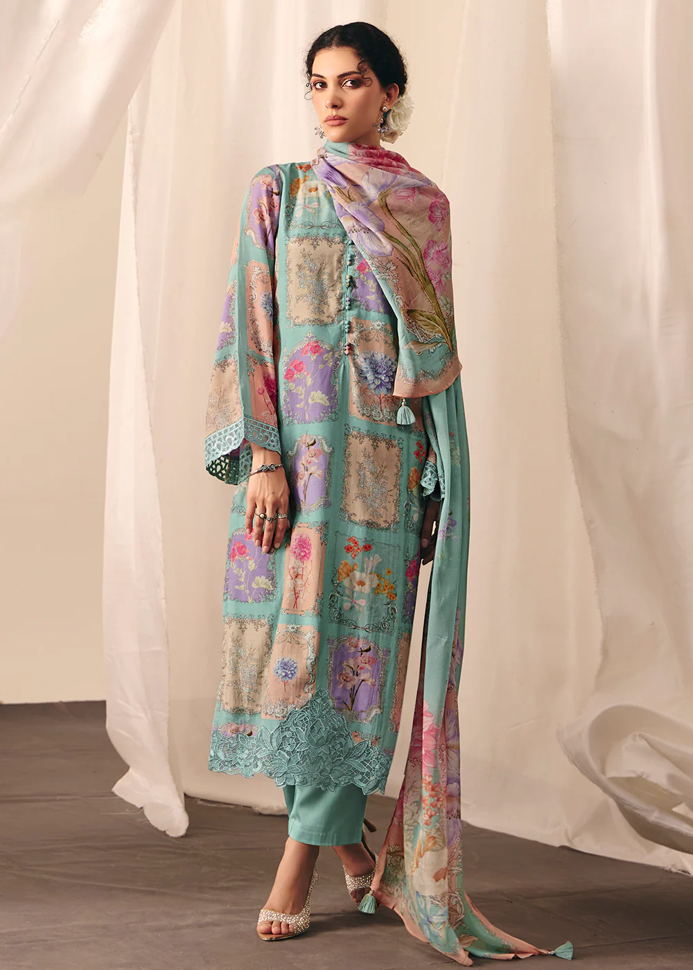 Blue Floral Printed Muslin Pant Style Salwar Suit