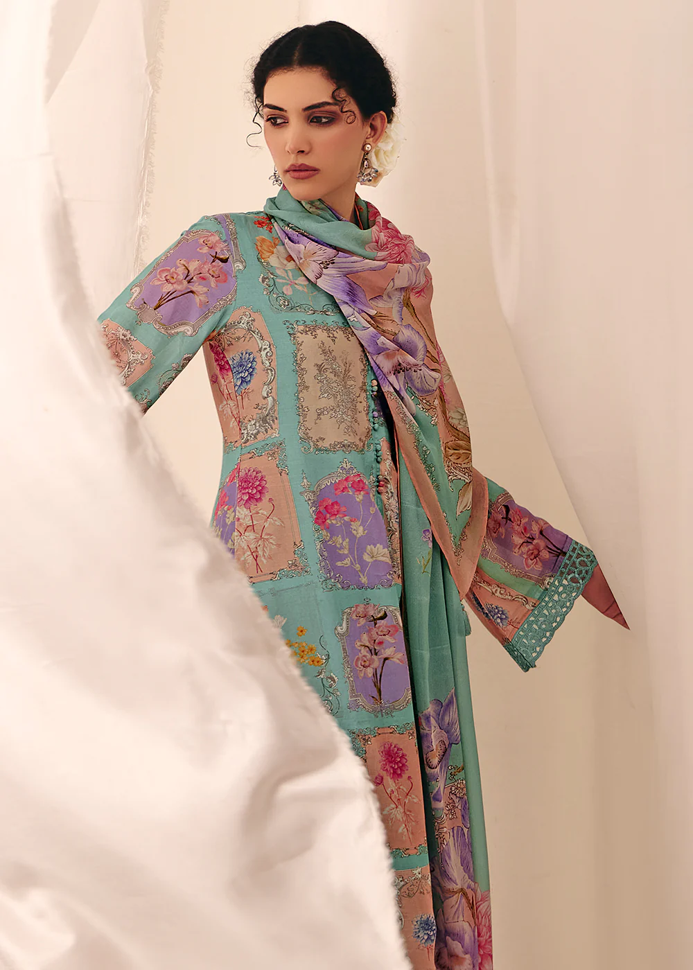 Blue Floral Printed Muslin Pant Style Salwar Suit - Image 2