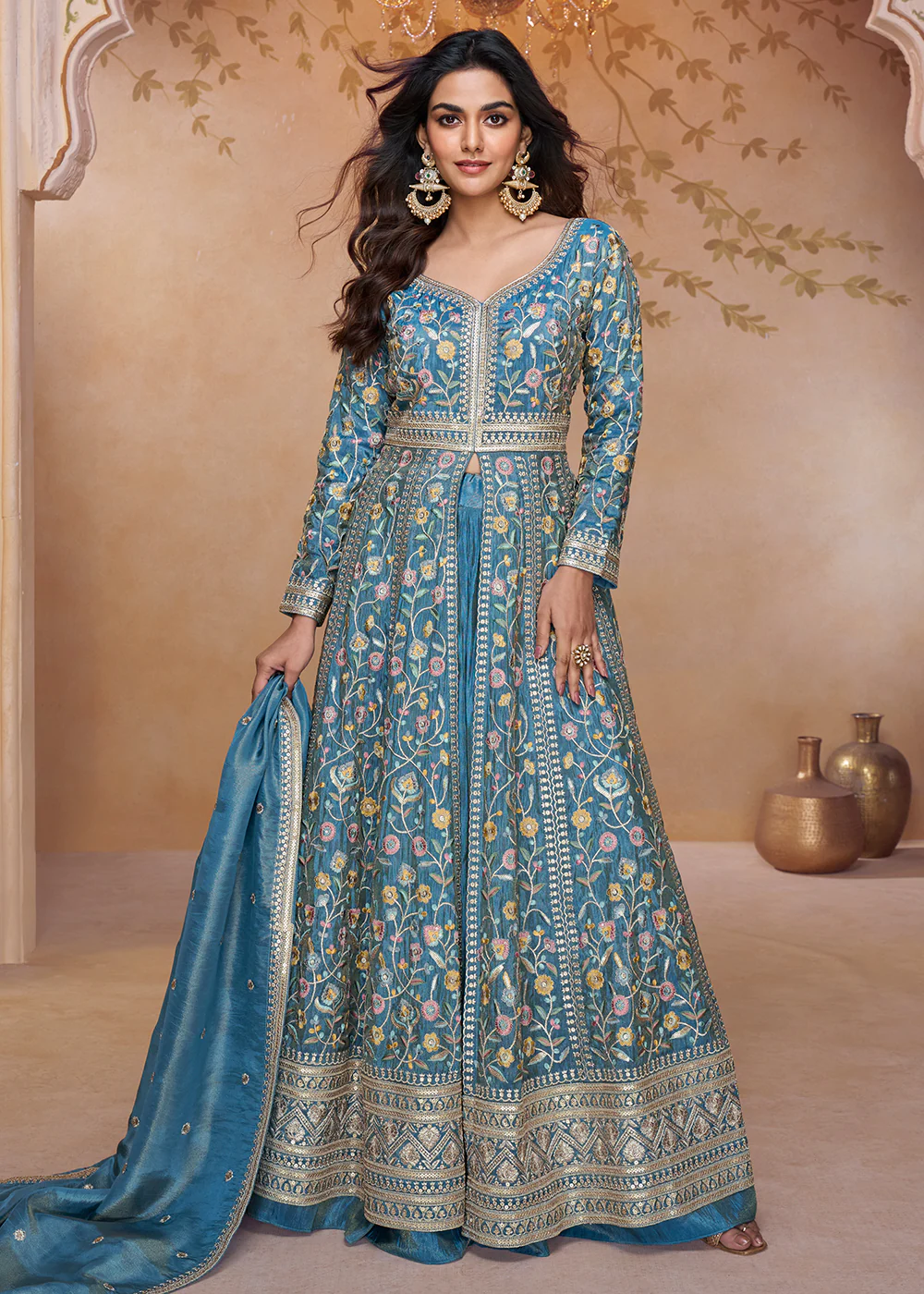 Blue Front Slit Embroidered Designer Anarkali Suit