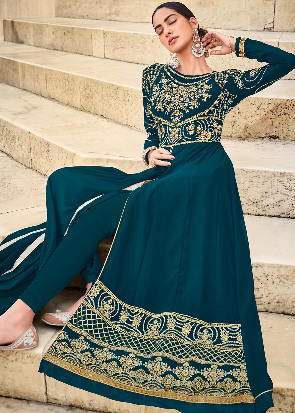 Blue Front Slit Embroidered Designer Anarkali Suit - Image 3