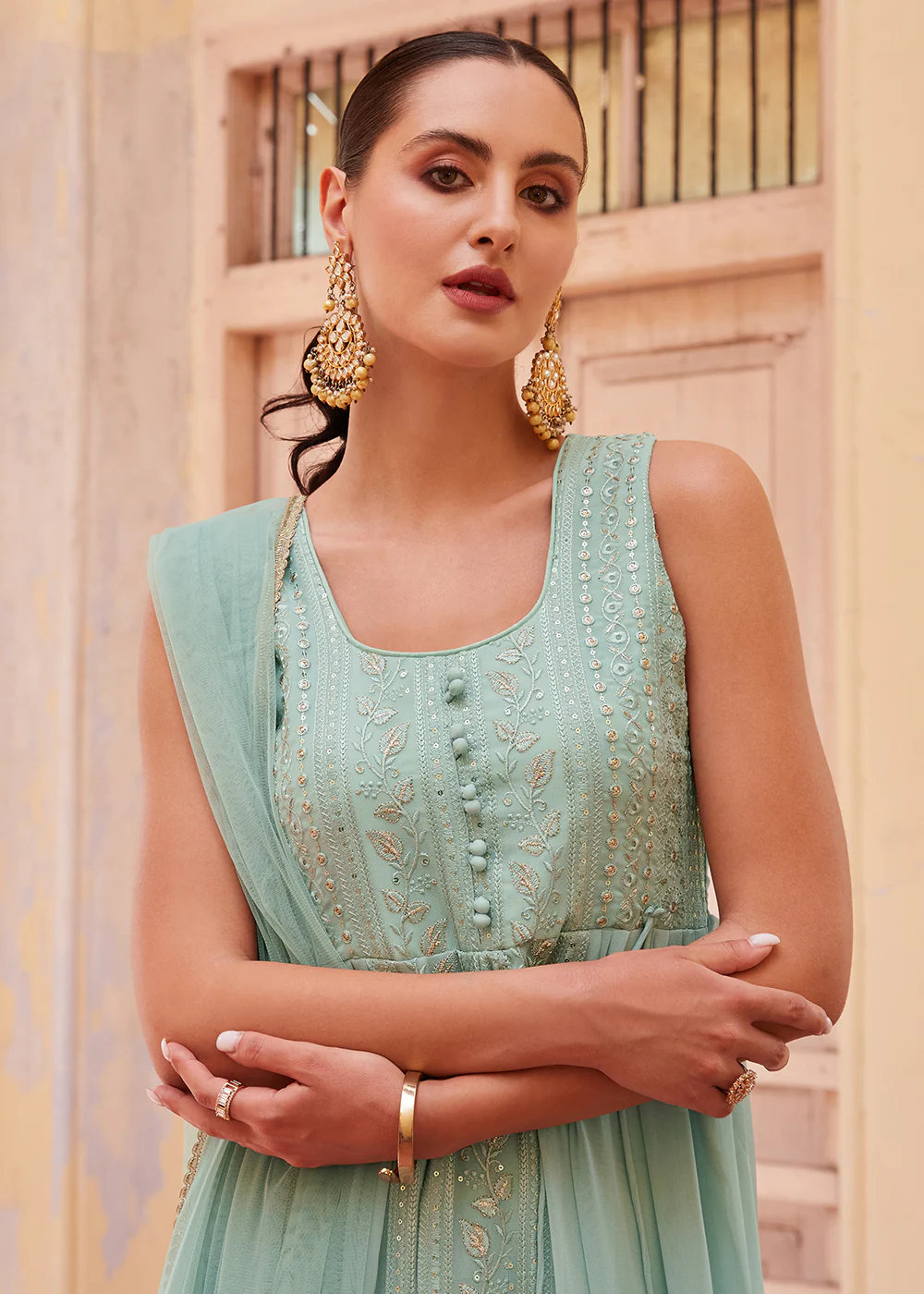 Blue Front Slit Style Pant Style Party Wear Suit - Image 2