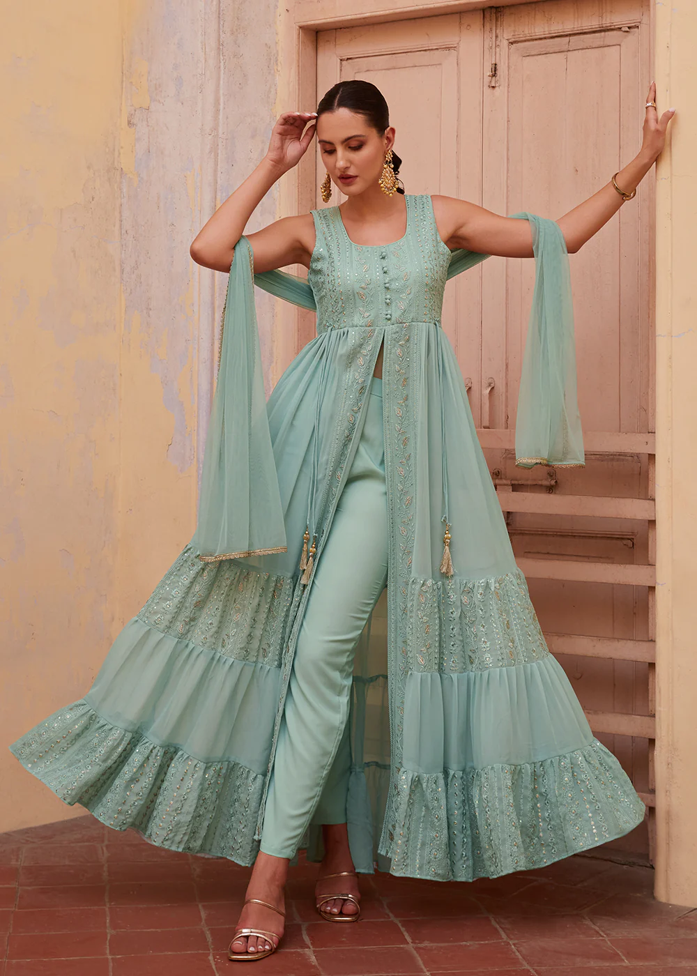 Blue Front Slit Style Pant Style Party Wear Suit - Image 5