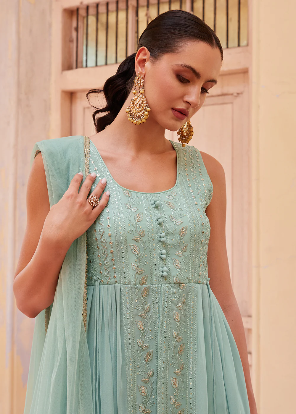 Blue Front Slit Style Pant Style Party Wear Suit - Image 6