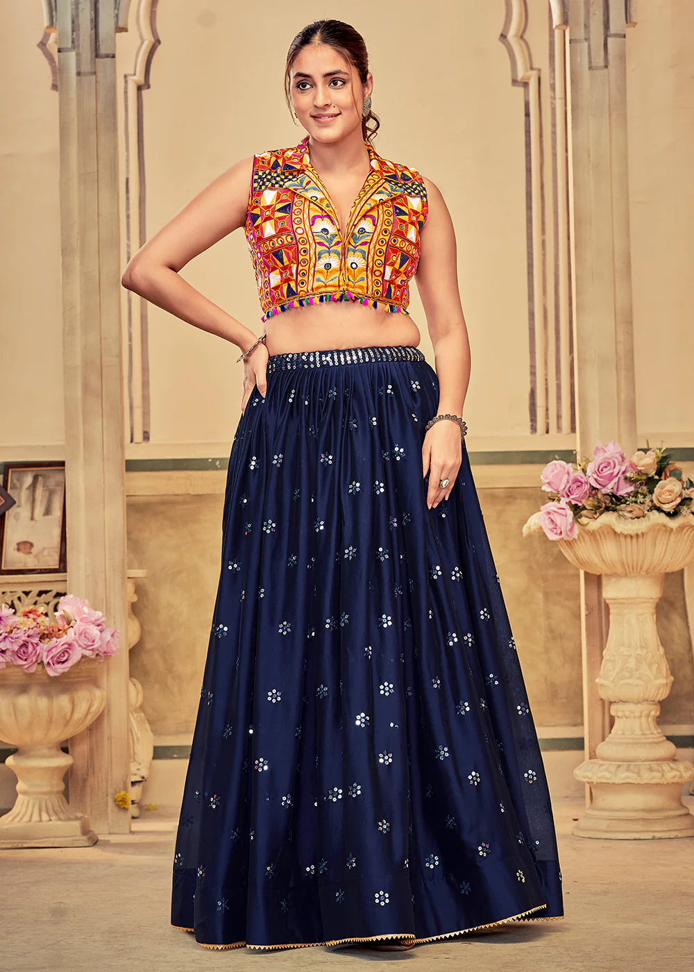 Blue Gamthi Work Silk Navratri Special Chaniya Choli