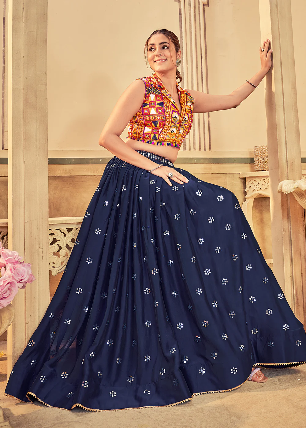 Blue Gamthi Work Silk Navratri Special Chaniya Choli - Image 6