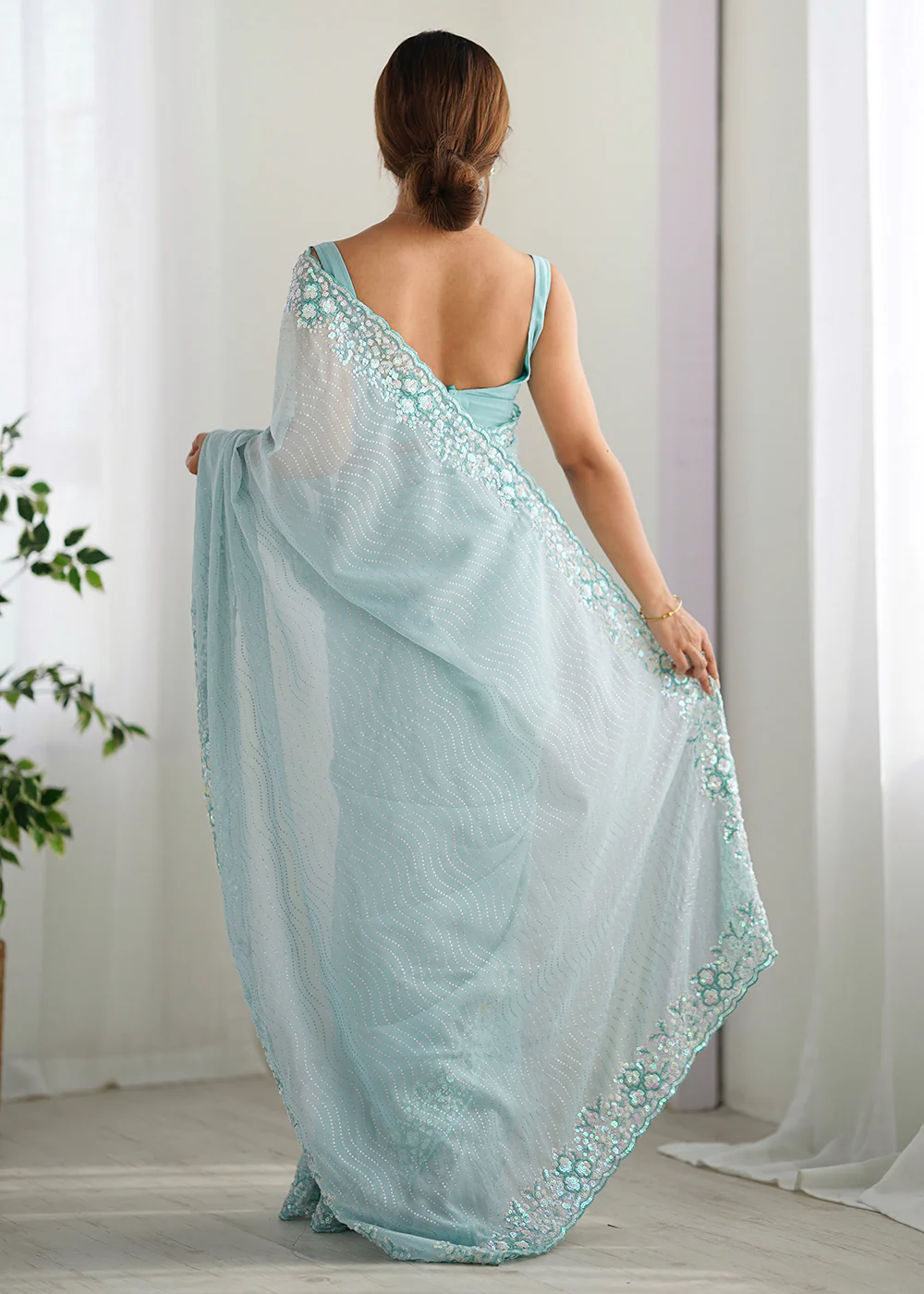 Blue Georgette Designer Sequins Work Party Wear Saree - Image 3