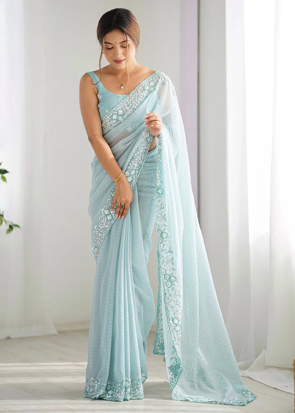 Blue Georgette Designer Sequins Work Party Wear Saree - Image 4