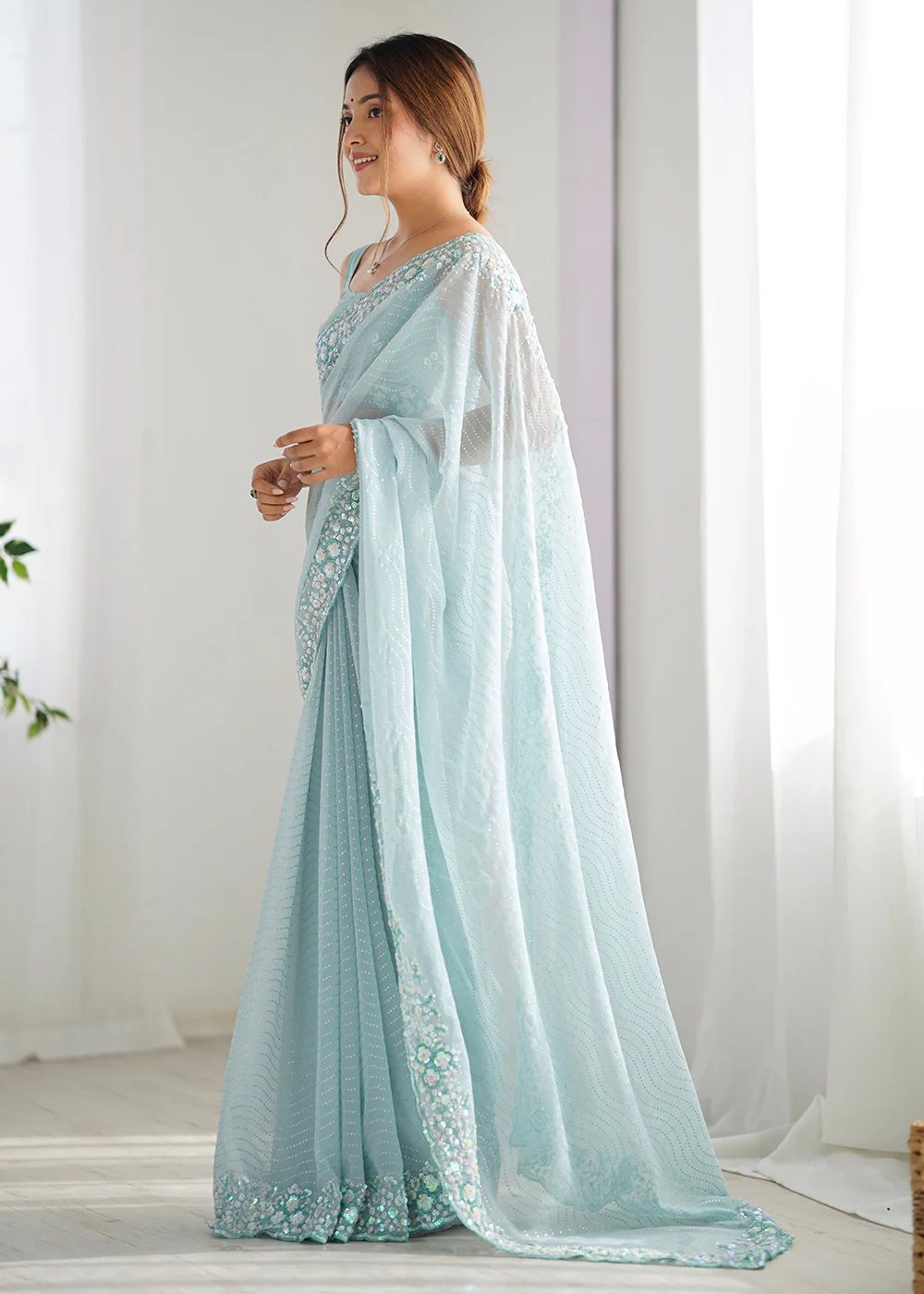 Blue Georgette Designer Sequins Work Party Wear Saree - Image 5