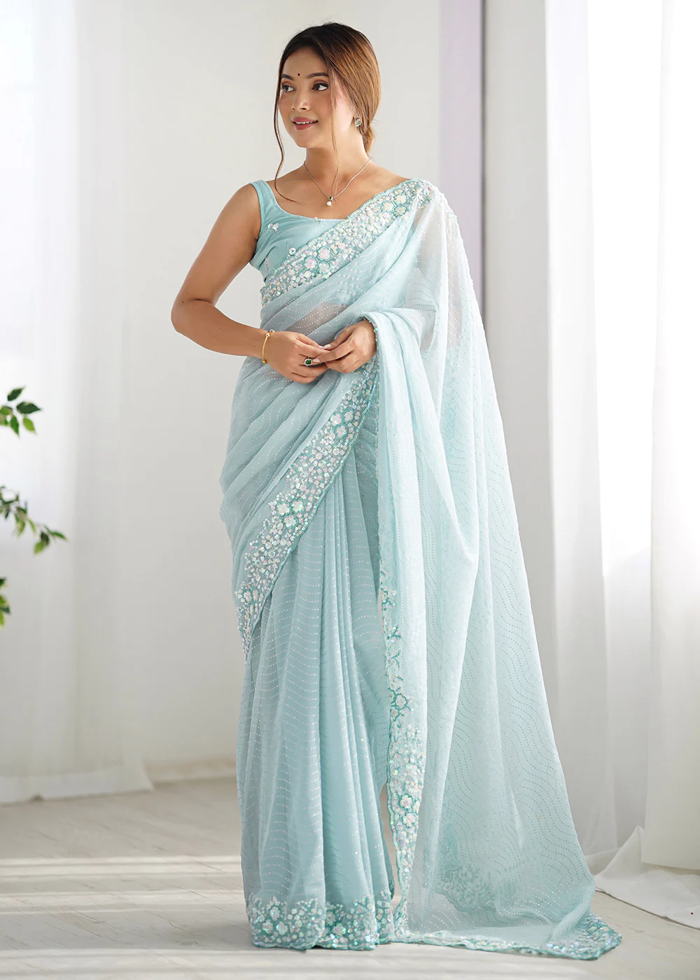 Blue Georgette Designer Sequins Work Party Wear Saree - Image 6
