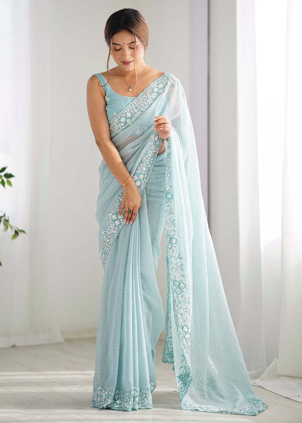 Blue Georgette Designer Sequins Work Party Wear Saree - Image 7