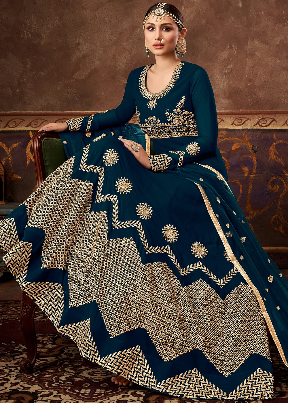 Blue Ghera Detailed Embroidered Designer Anarkali - Image 3