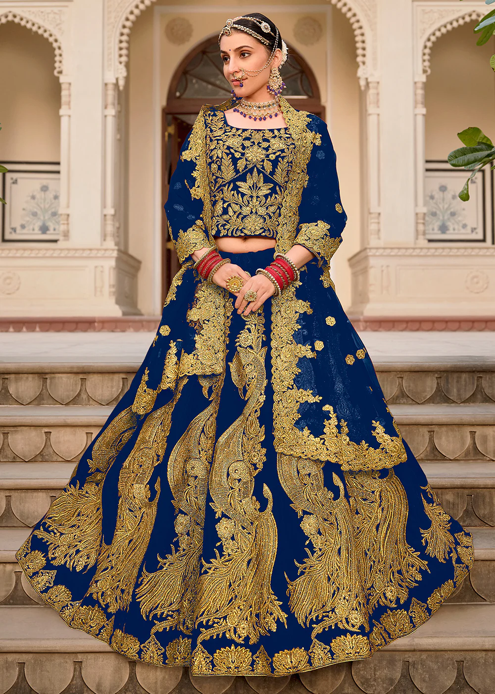Blue & Gold Embroidered Velvet Wedding Lehenga Choli