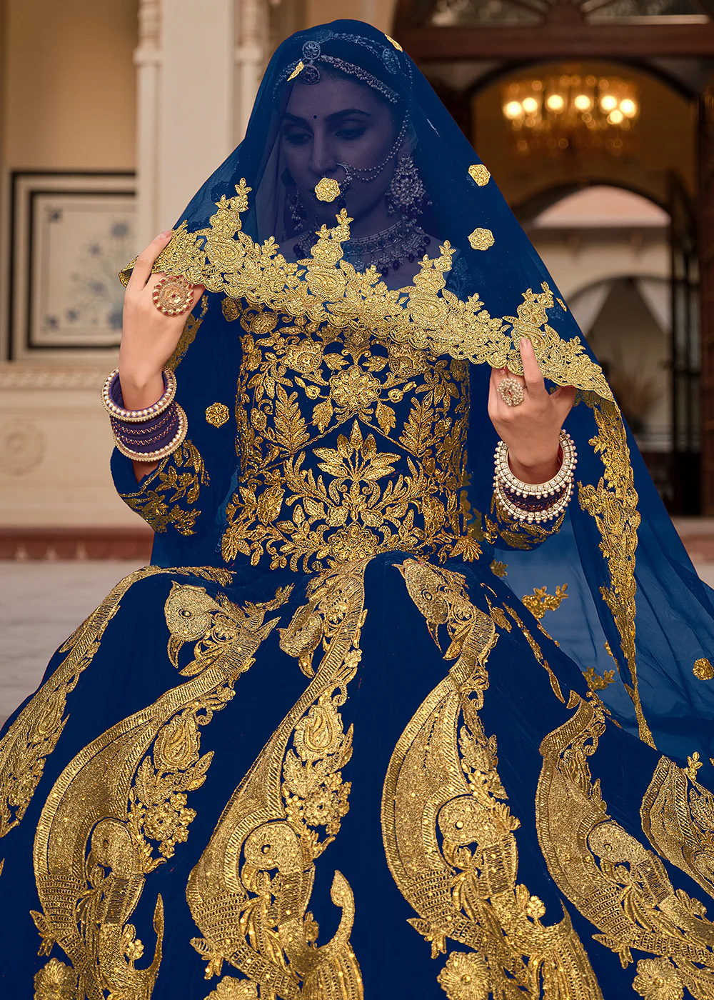 Blue & Gold Embroidered Velvet Wedding Lehenga Choli - Image 4