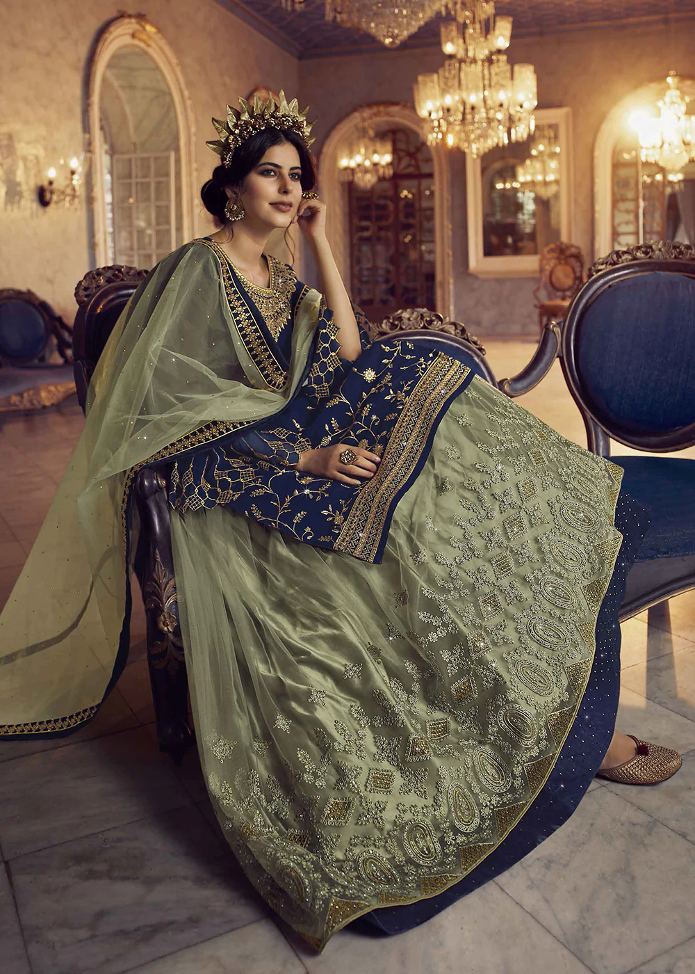 Blue & Green Lehenga/Pant Style Trendy Suit - Image 4