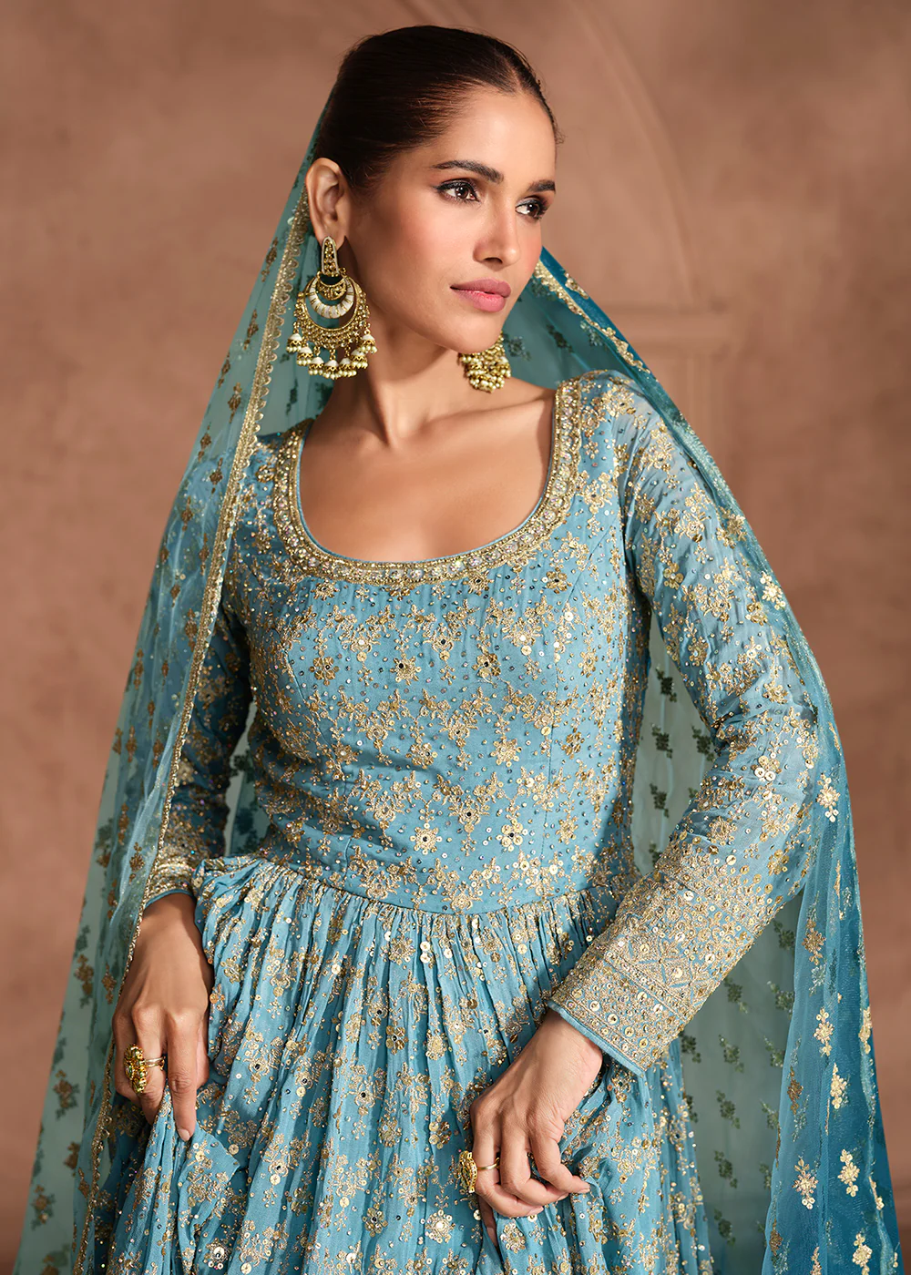 Blue Heavy Sequins Embroidered Designer Anarkali Gown - Image 2