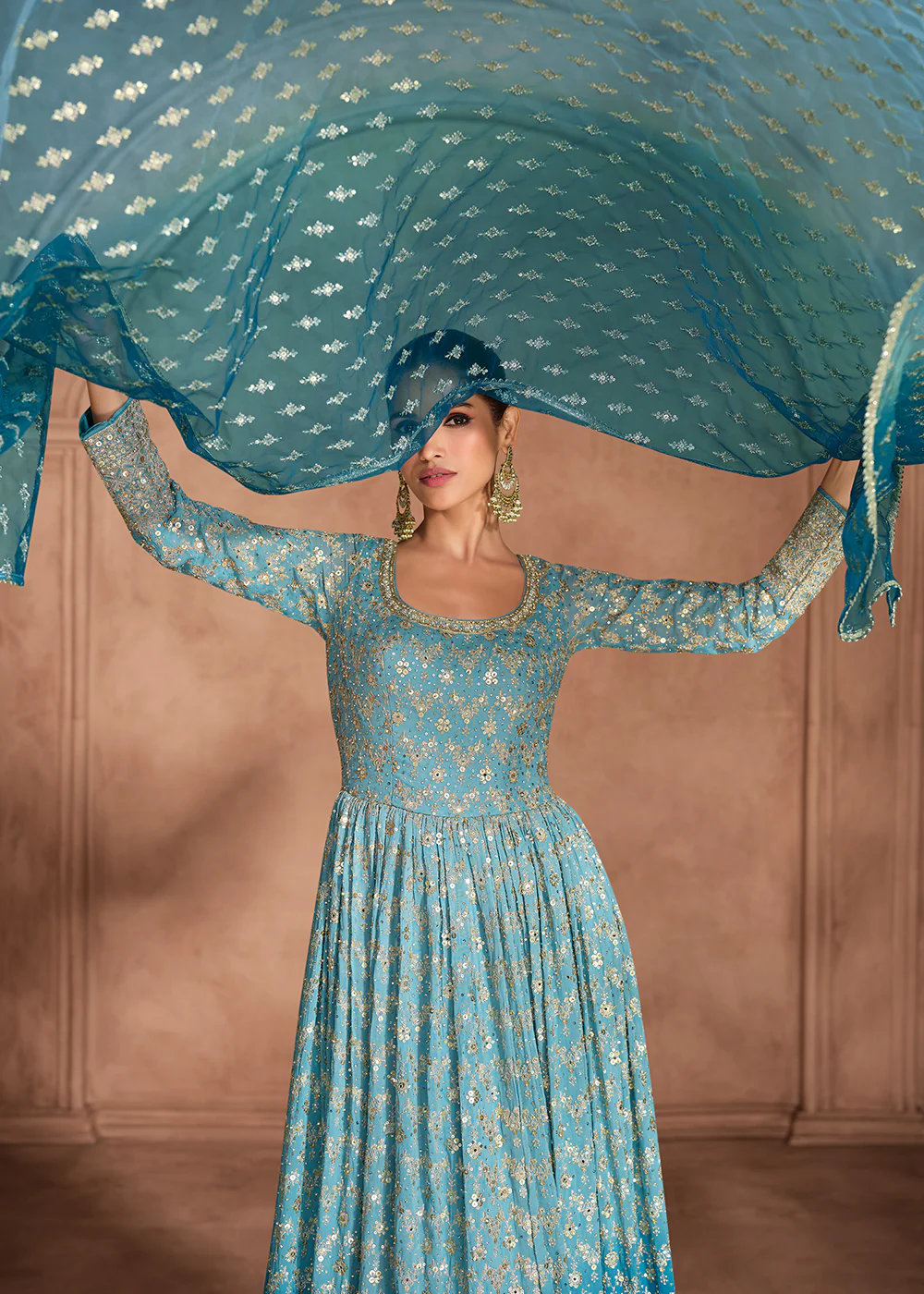 Blue Heavy Sequins Embroidered Designer Anarkali Gown - Image 5