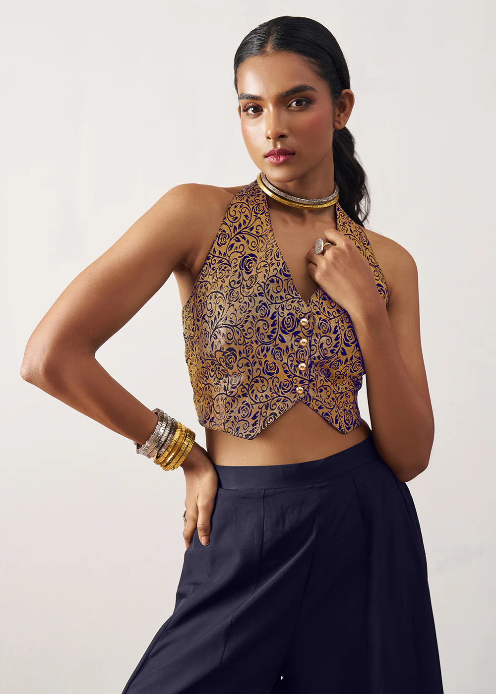 Blue Jacquard Waistcoat Style Indo Western Skirt Suit - Image 2
