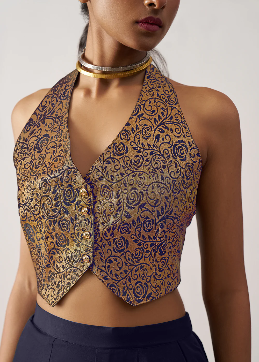 Blue Jacquard Waistcoat Style Indo Western Skirt Suit - Image 5