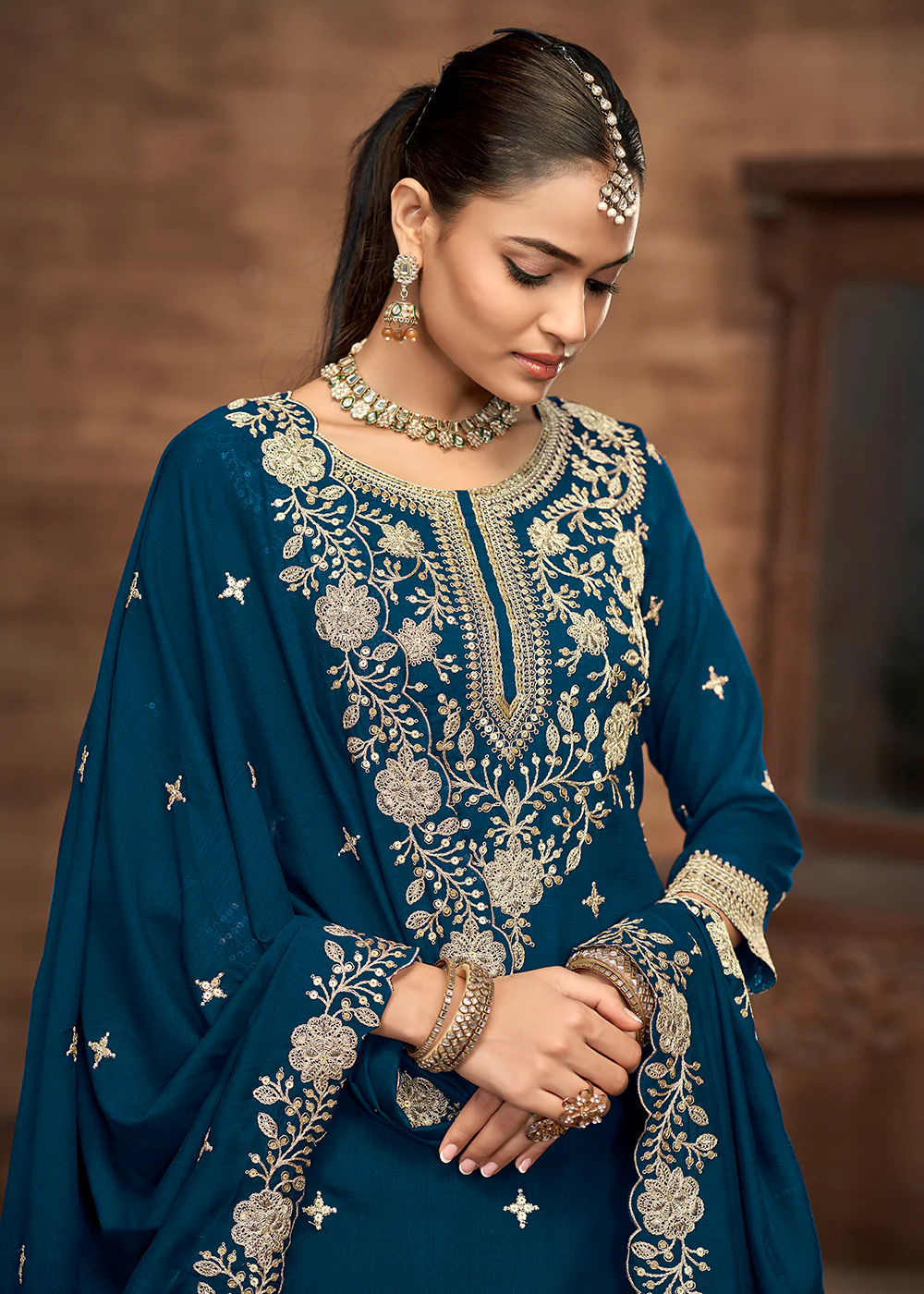 Blue Kurti Style Embroidered Silk Lehenga Style Suit - Image 2