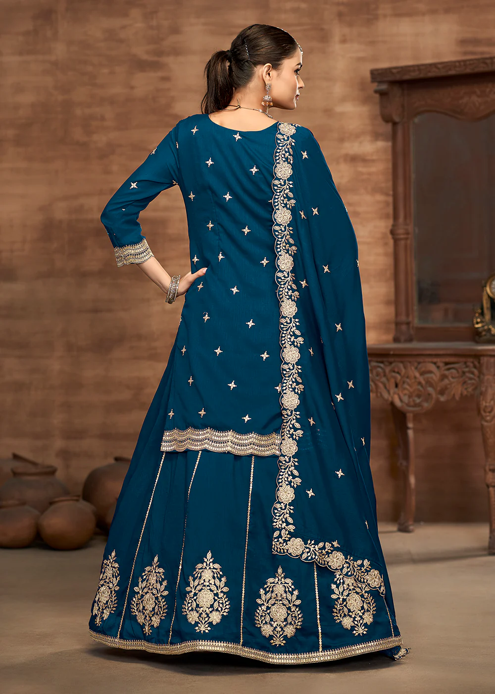 Blue Kurti Style Embroidered Silk Lehenga Style Suit - Image 3