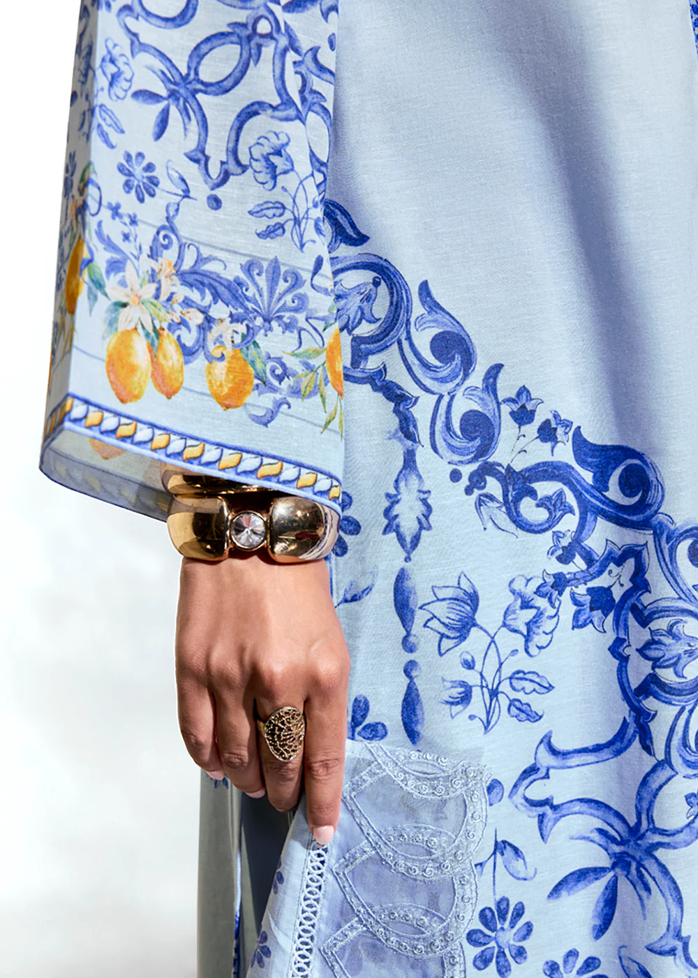 Blue Linen Printed & Embroidered Pant Style Suit - Image 3