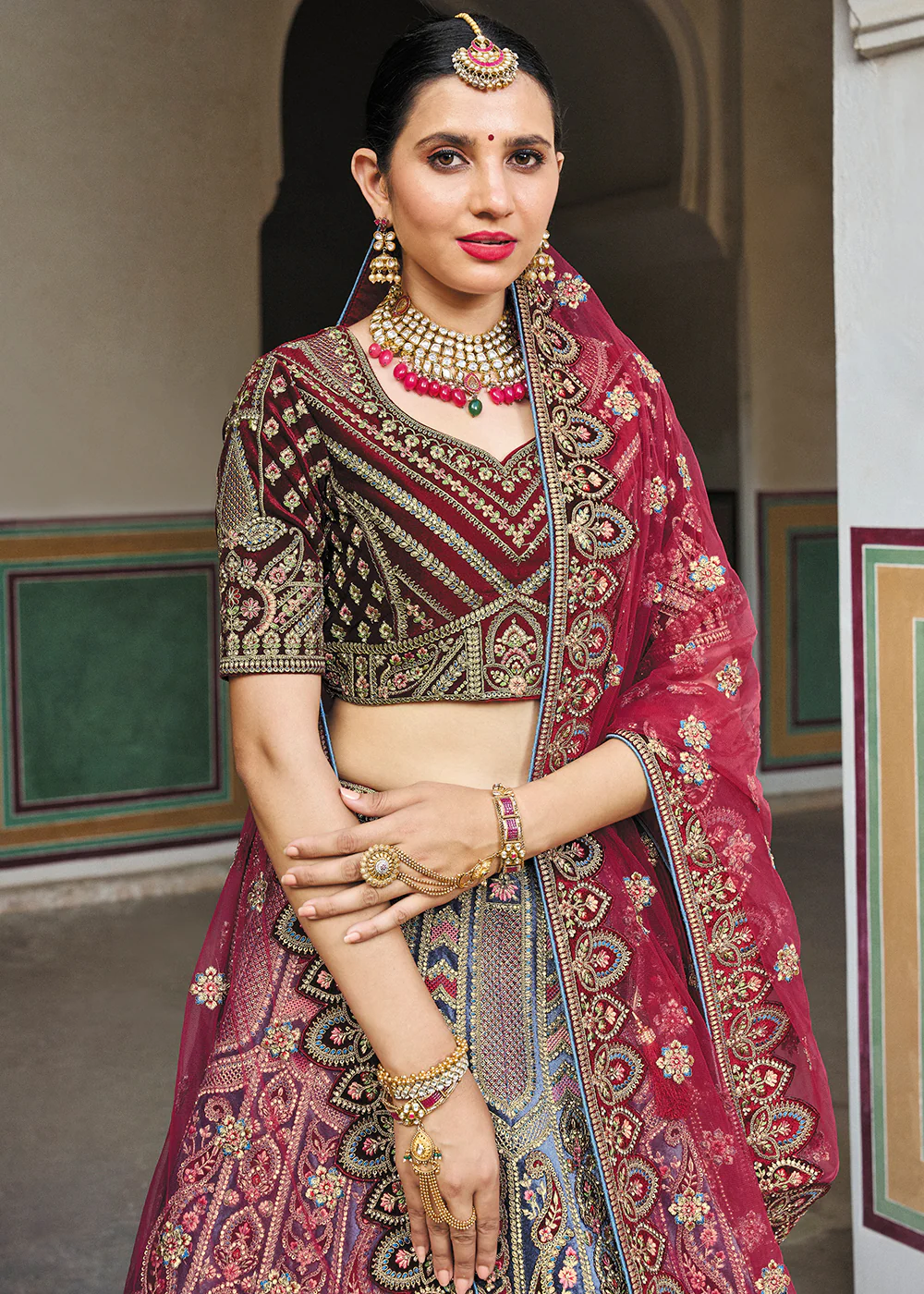 Blue & Maroon Bridal Wear Heavy Embroidered Silk Lehenga Choli - Image 2