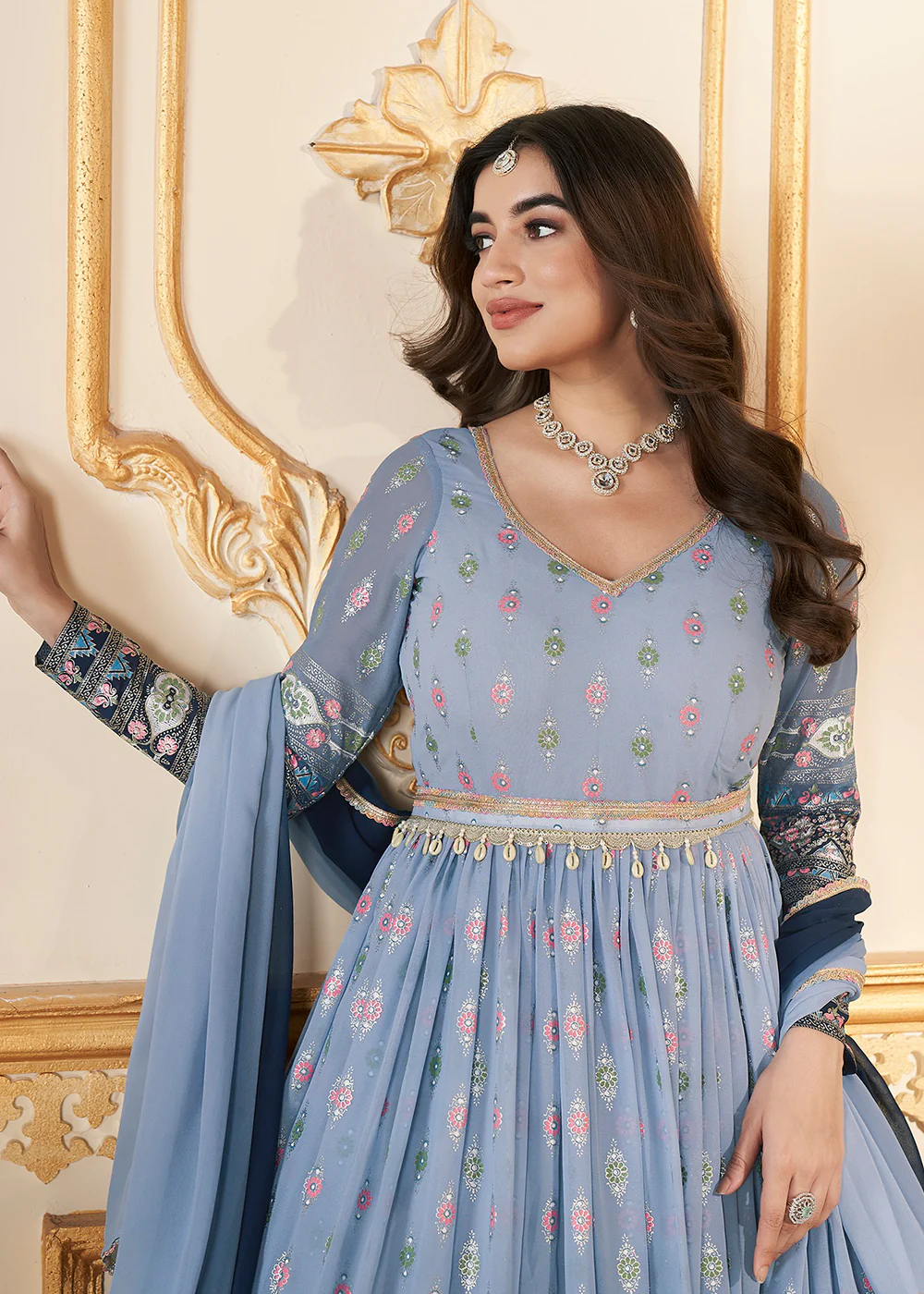 Blue Metalic Foil Work Embroidered Wedding Festive Anarkali Gown - Image 2