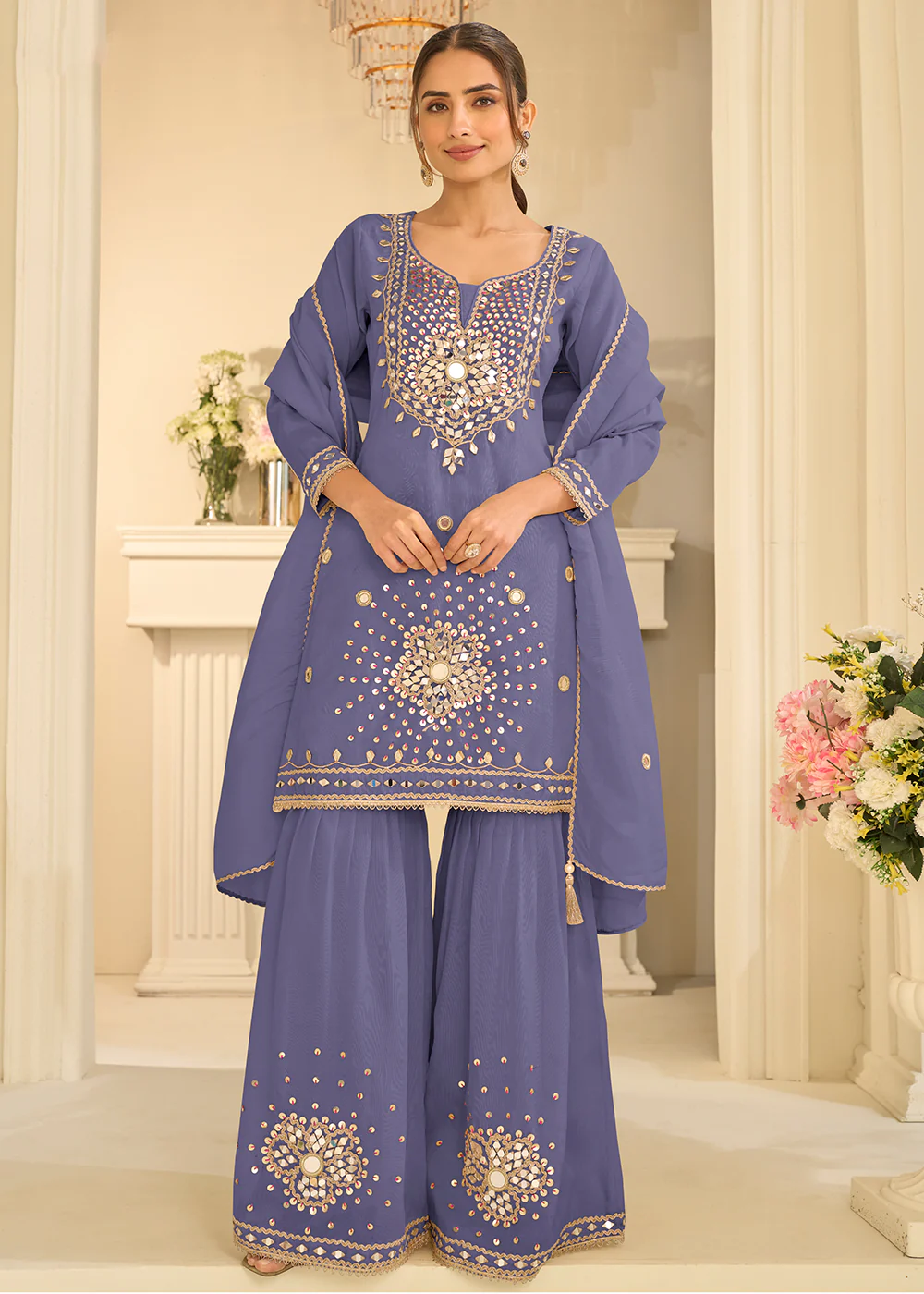 Blue Mirror Work Shimmer Silk Festive Gharara Suit