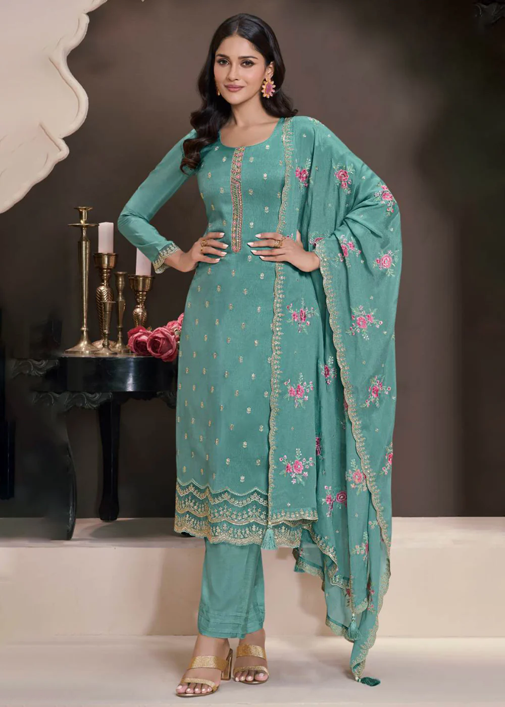 Blue Moonga Silk Embroidered Festive Style Salwar Suit
