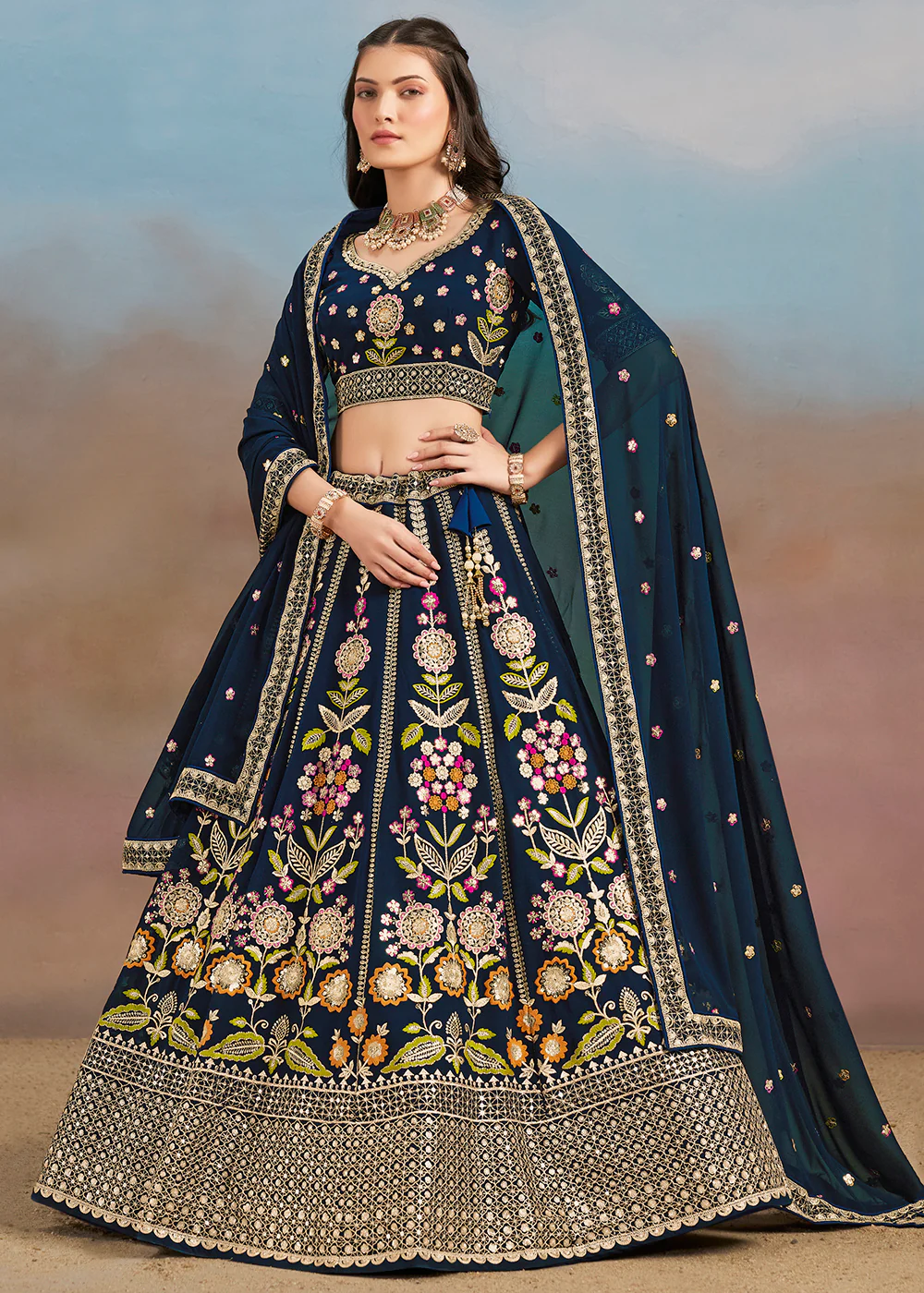 Blue Multi Color Threads Work Festive Lehenga Choli