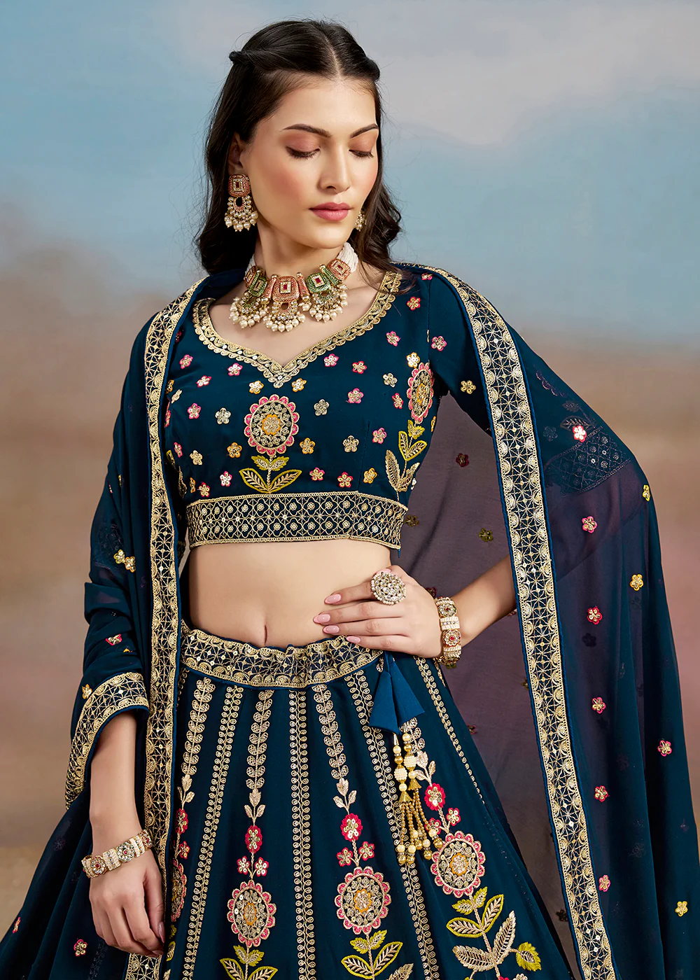 Blue Multi Color Threads Work Festive Lehenga Choli - Image 2
