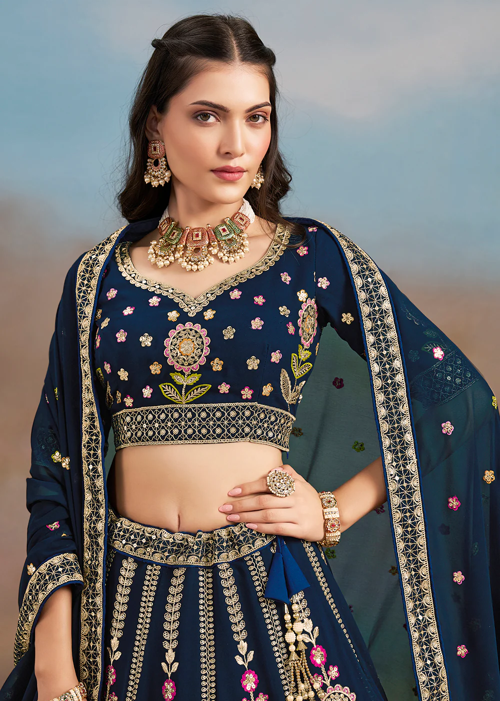 Blue Multi Color Threads Work Festive Lehenga Choli - Image 5