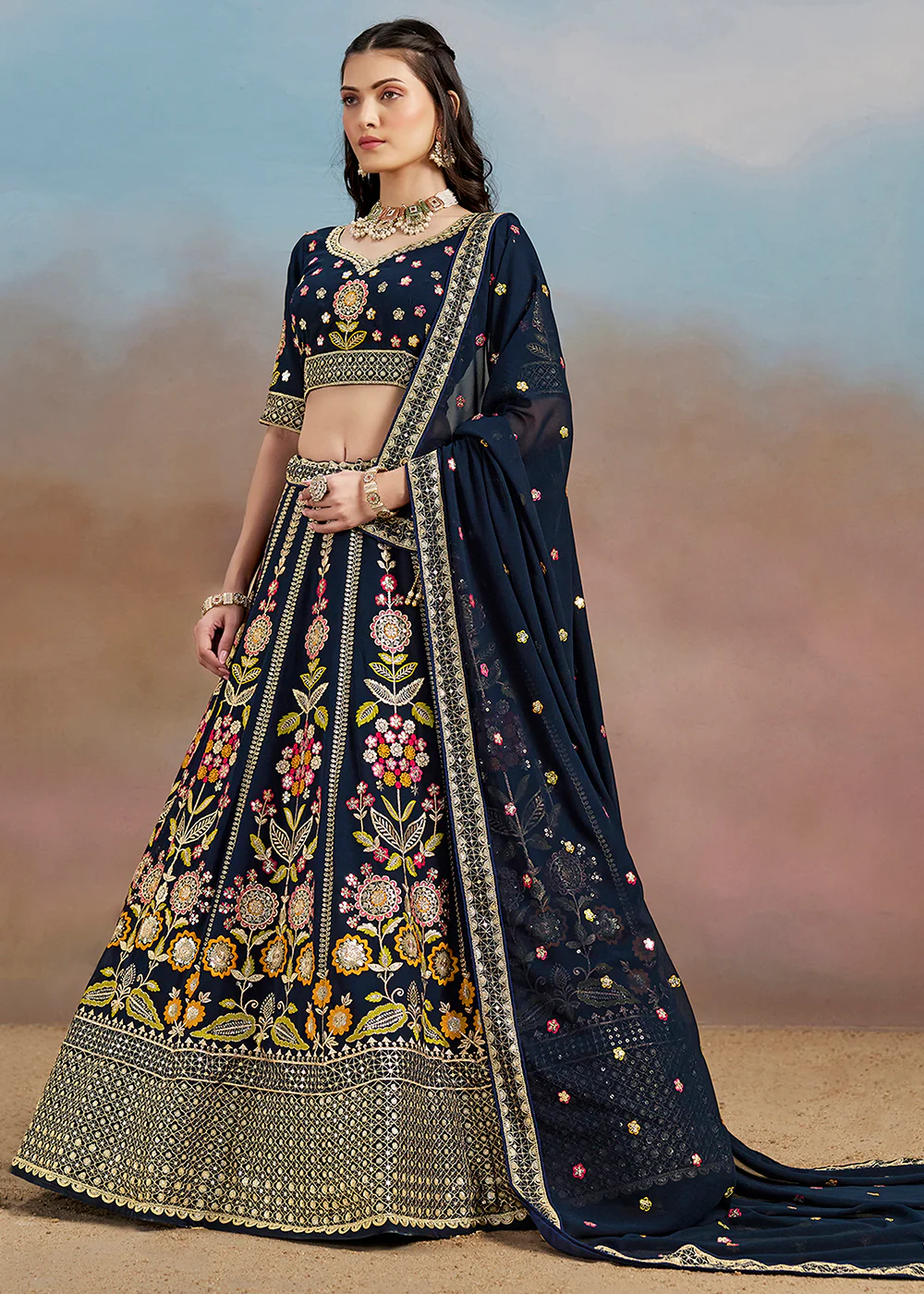 Blue Multi Color Threads Work Festive Lehenga Choli - Image 6