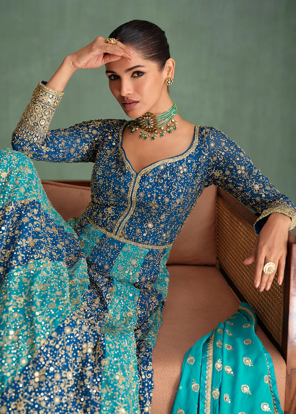 Blue Multi Embroidered Wedding Festive Anarkali Gown - Image 2