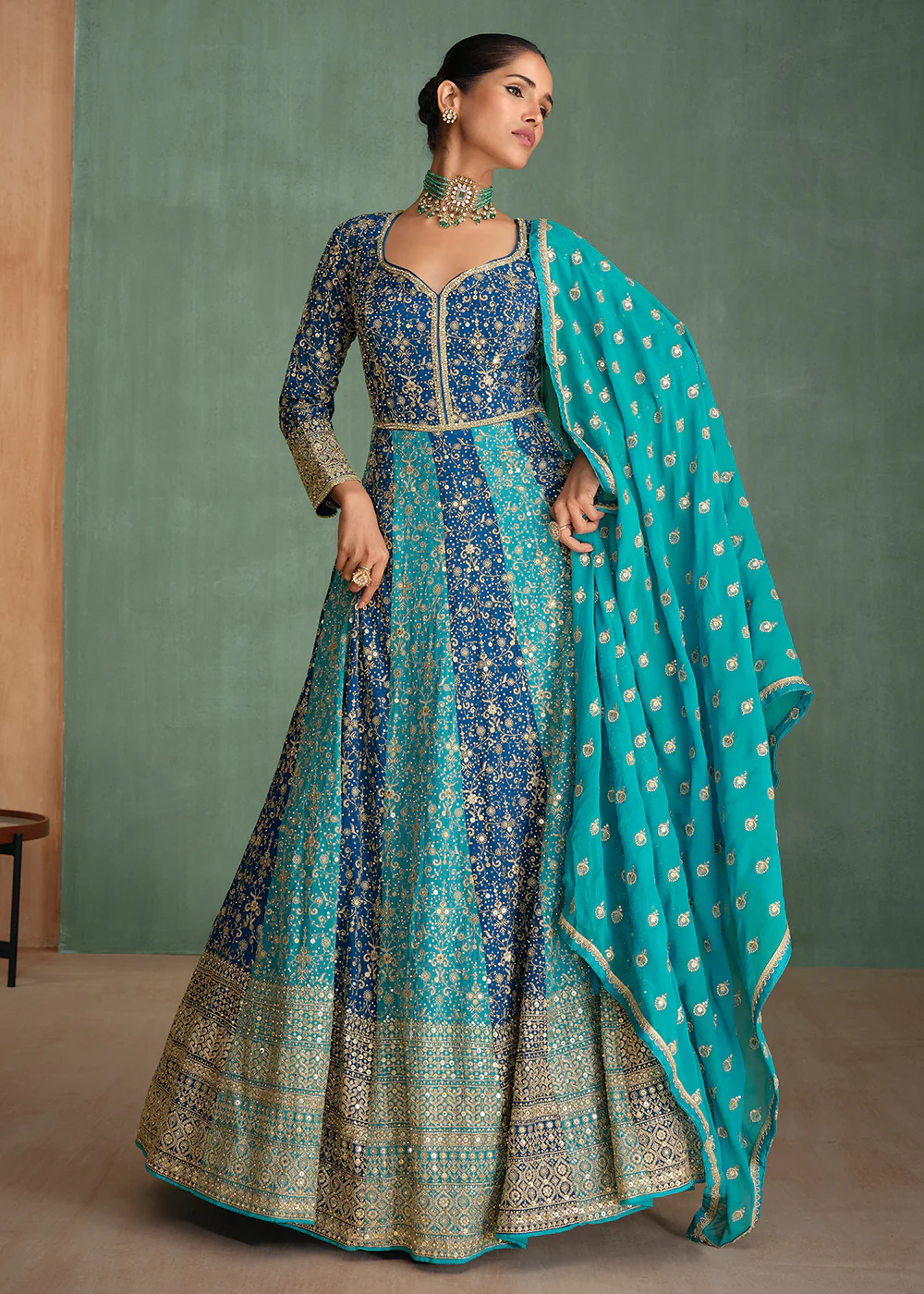 Blue Multi Embroidered Wedding Festive Anarkali Gown - Image 3