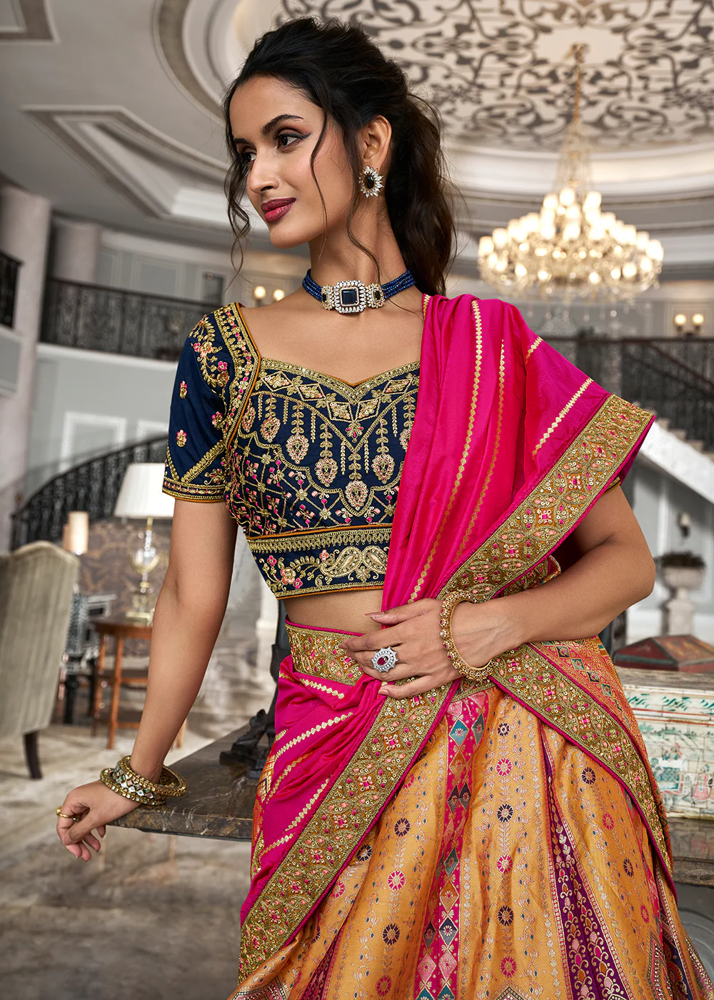 Blue Multicolor Banarasi Silk Embroidered Bridal Lehenga Choli - Image 2