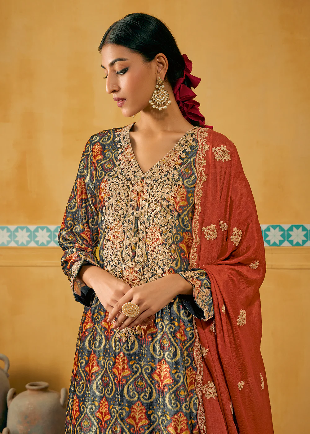 Blue Multicolor Digital Printed Embroidered Velvet Salwar Suit - Image 2