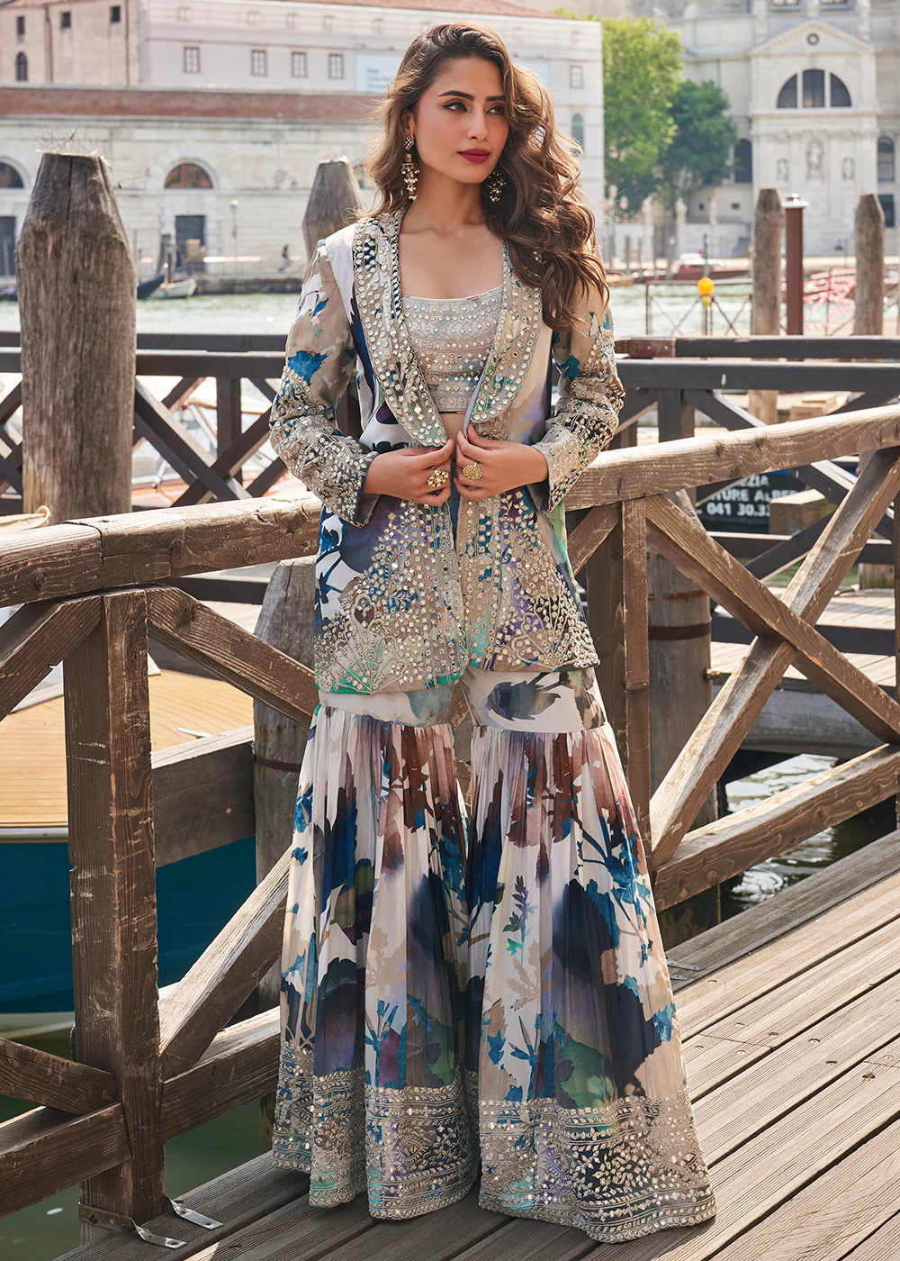 Blue Multicolor Jacket Style Indo Western Gharara Dress