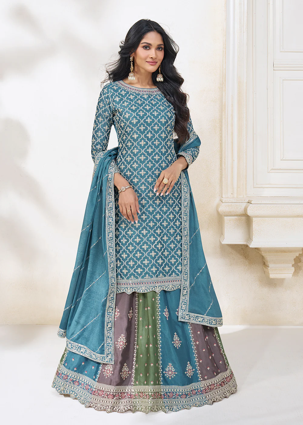 Blue Multicolor Sequins Embroidered Lehenga Skirt Suit