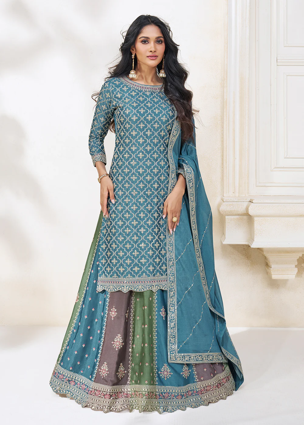 Blue Multicolor Sequins Embroidered Lehenga Skirt Suit - Image 3