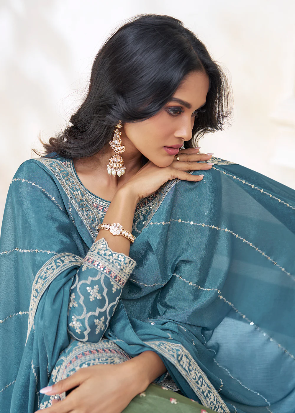 Blue Multicolor Sequins Embroidered Lehenga Skirt Suit - Image 4