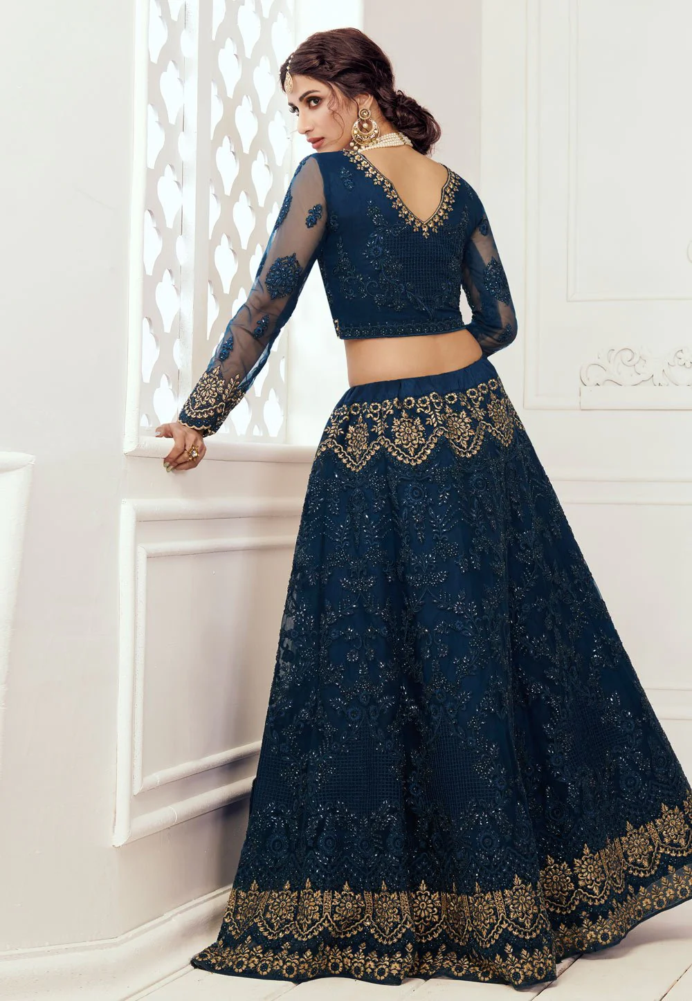 Blue Net Embroidered Wedding Lehenga Choli - Image 3