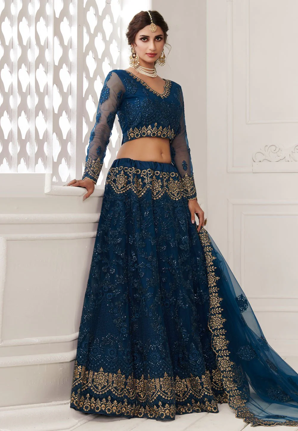Blue Net Embroidered Wedding Lehenga Choli - Image 4