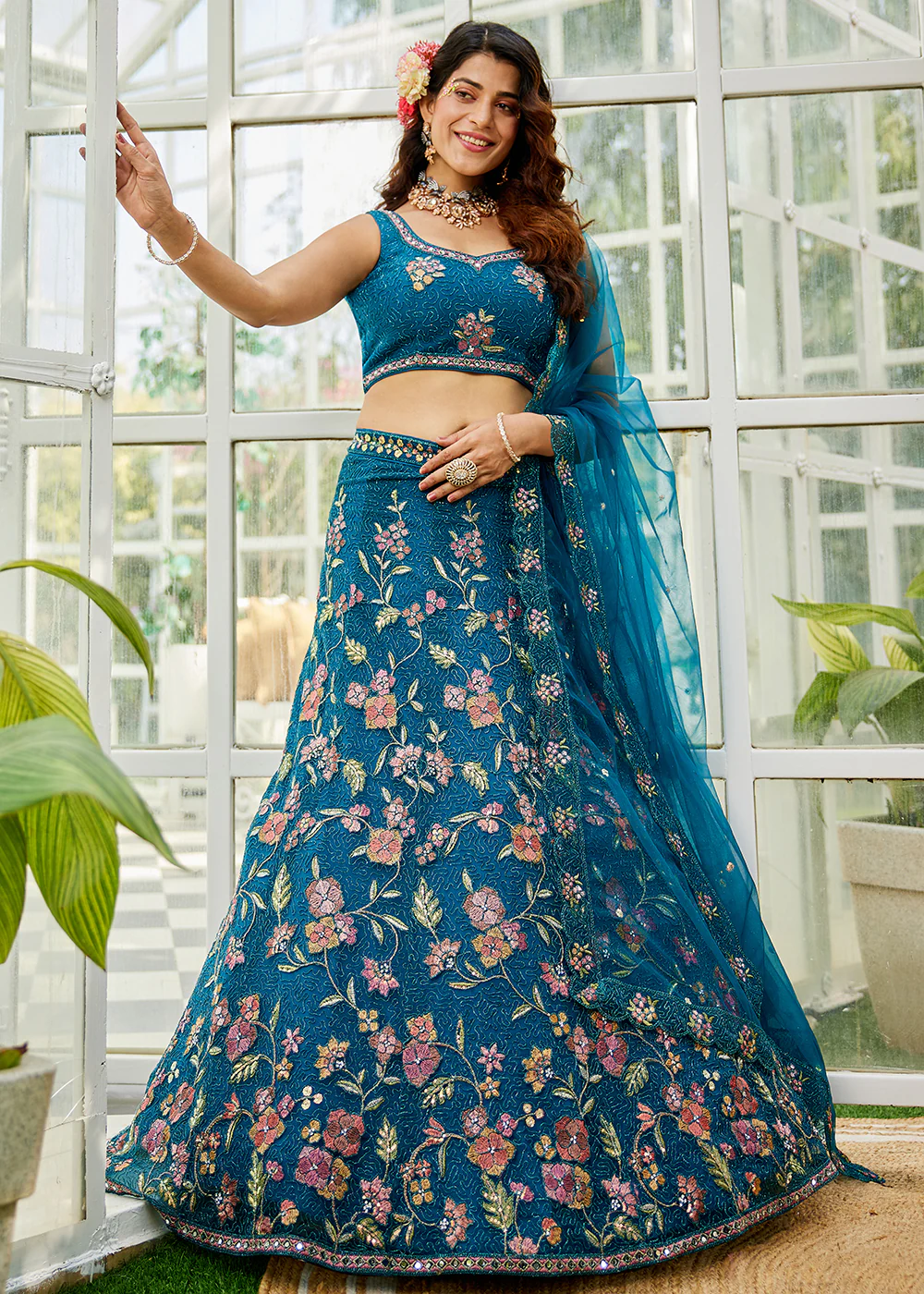 Blue Net Embroidered Wedding Style Lehenga Choli