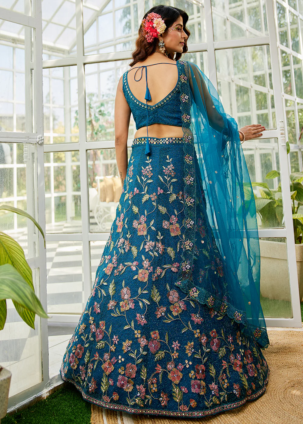Blue Net Embroidered Wedding Style Lehenga Choli - Image 3