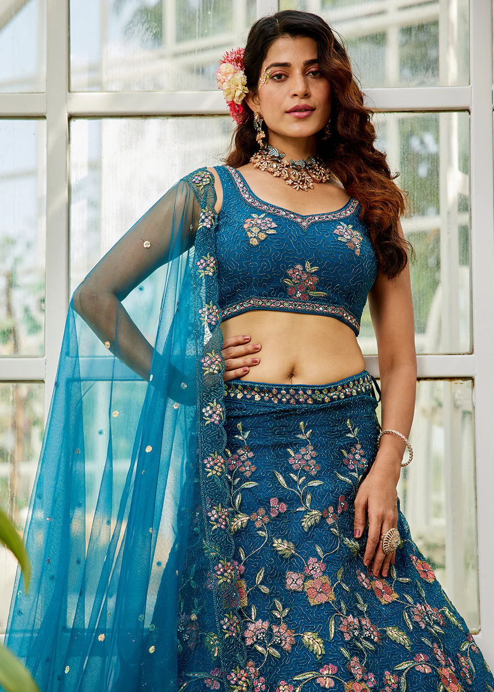 Blue Net Embroidered Wedding Style Lehenga Choli - Image 5