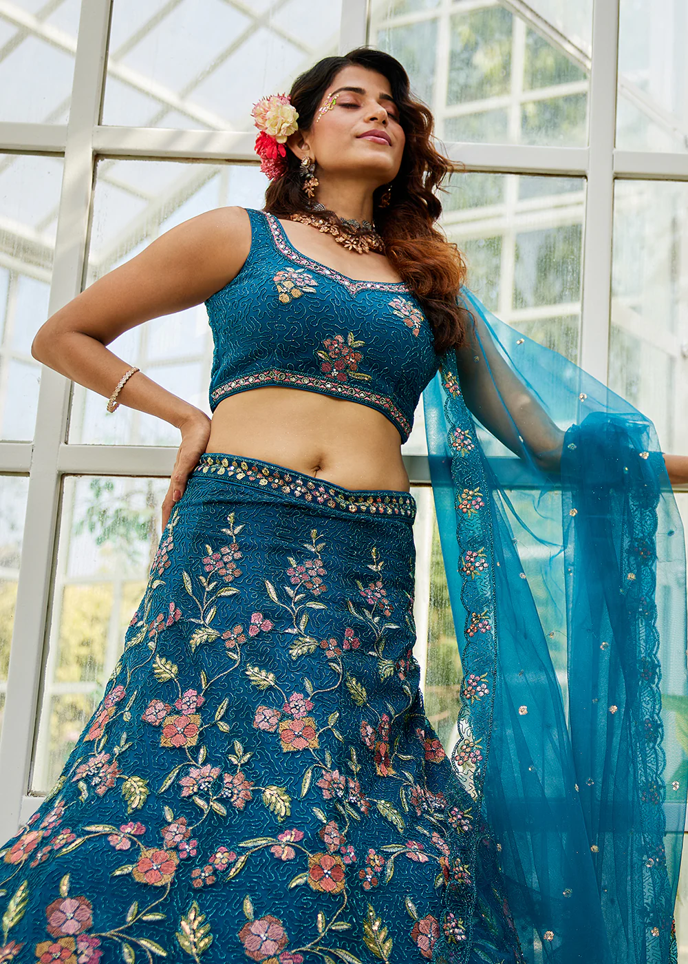 Blue Net Embroidered Wedding Style Lehenga Choli - Image 6